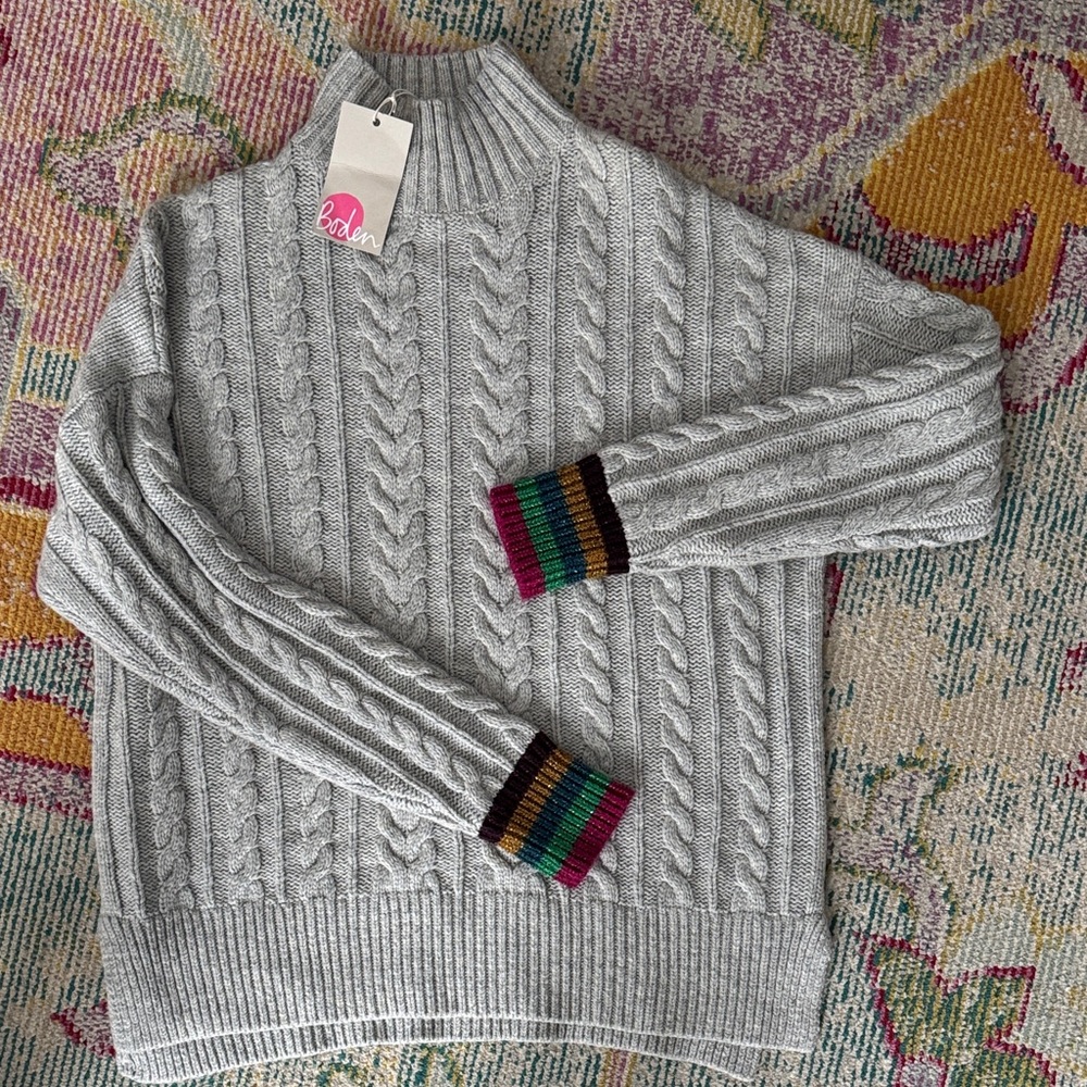 Boden Gray Cable Knit Winifred Sweater with Multicolor sparkle Cuffs large NWT